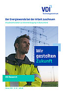 Titelblatt der Publikation. Ein Ingenieur steht vor einem Strommast und einem Windrad