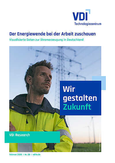 Titelblatt der Publikation. Ein Ingenieur steht vor einem Strommast und einem Windrad